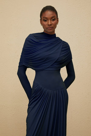 Aurohaya Catherine Navy-Blue Asymmetrical Pleated Long-Sleeve Maxi Dress