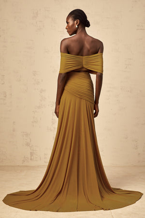 Aurohaya Ludivine ocher off-shoulder cut-out ruched maxi dress