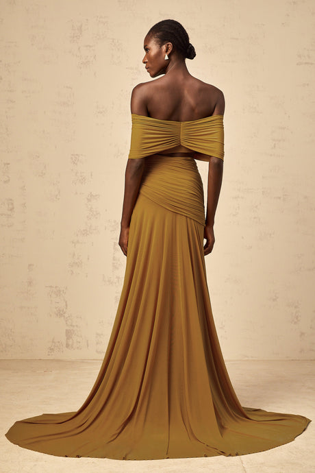 Aurohaya Ludivine ocher off-shoulder cut-out ruched maxi dress
