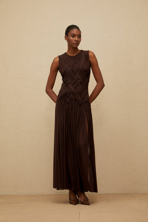 Aurohaya Daphné Brown Asymmetrical Braided Tulle Midi Dress