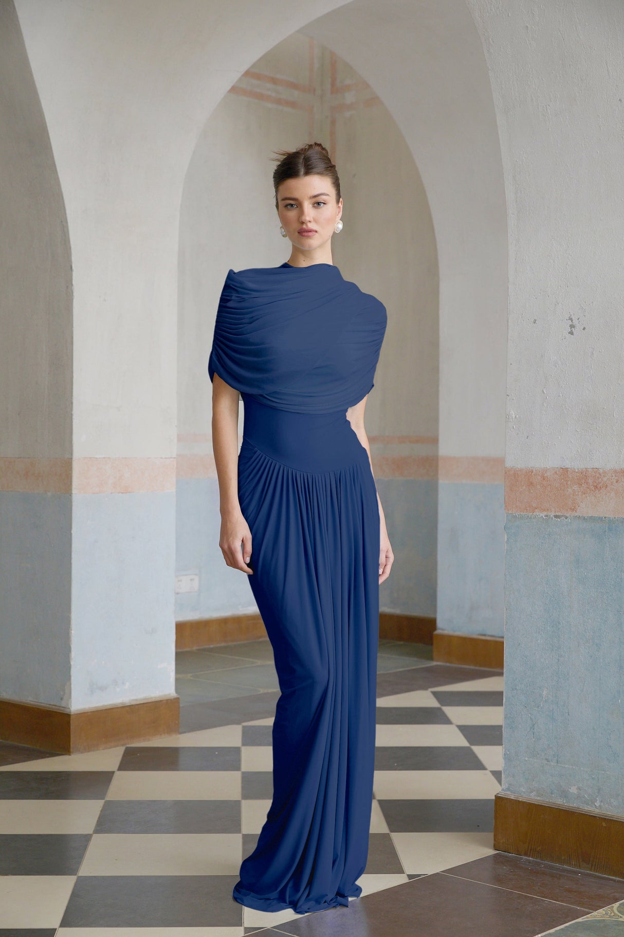 Aurohaya Catherine asymmetrical pleated maxi dress in Navy-blue