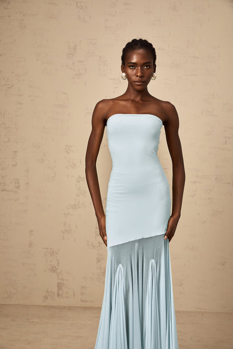 Aurohaya Josiane Blue Off-shoulder Sheer Tulle Maxi Dress