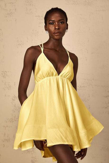 Aurohaya Quincie Yellow Shirred Flounced Mini Dress
