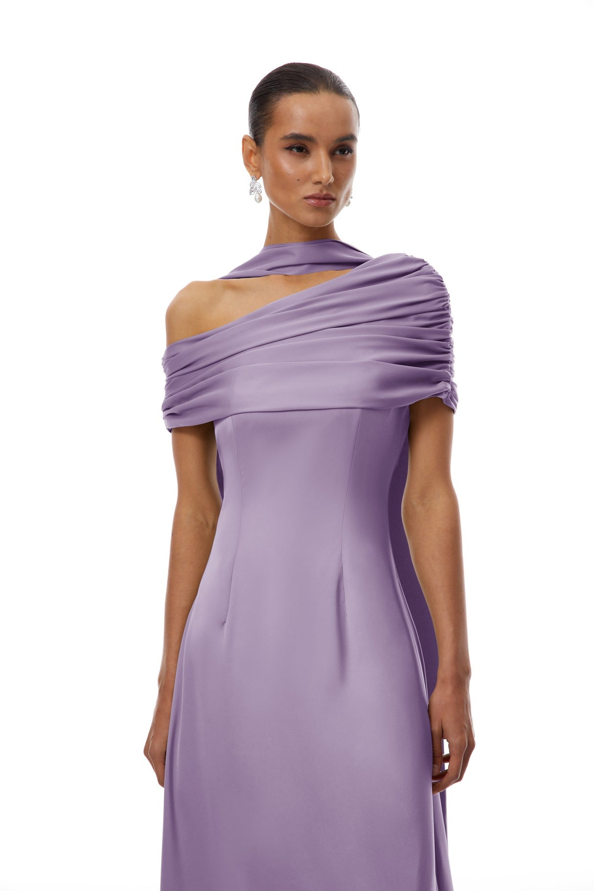 Aurohaya Benedetta Lilac One Shoulder Satin Maxi Dress