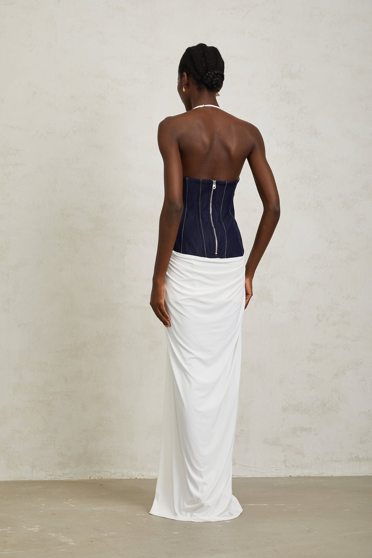 Aurohaya Airi White Halterneck Denim Panel Maxi Dress