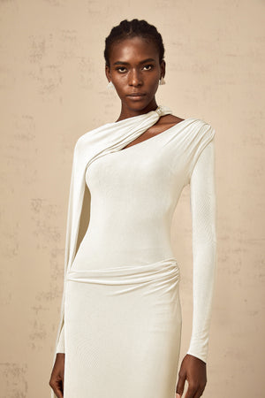 Aurohaya Josette White Diagonal Shawl Fitted Maxi Dress
