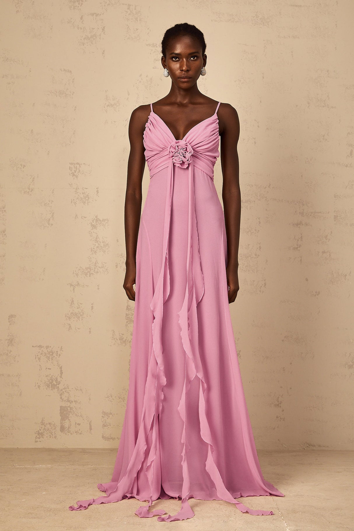 Aurohaya Ysandre Rose-Pink 3D Petal Tulle Maxi Dress
