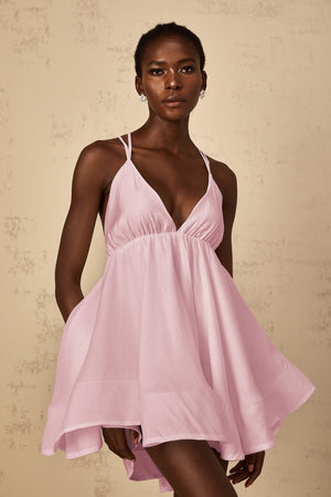 Aurohaya Quincie Pink Shirred Flounced Mini Dress