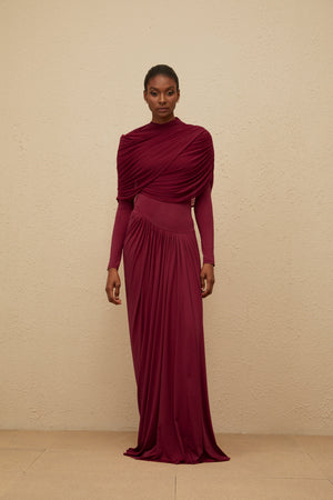 Aurohaya Catherine Red Asymmetrical Pleated Long-Sleeve Maxi Dress