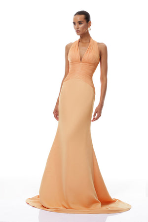 Aurohaya Emmeline Orange Train Design Gathered Maxi Dress