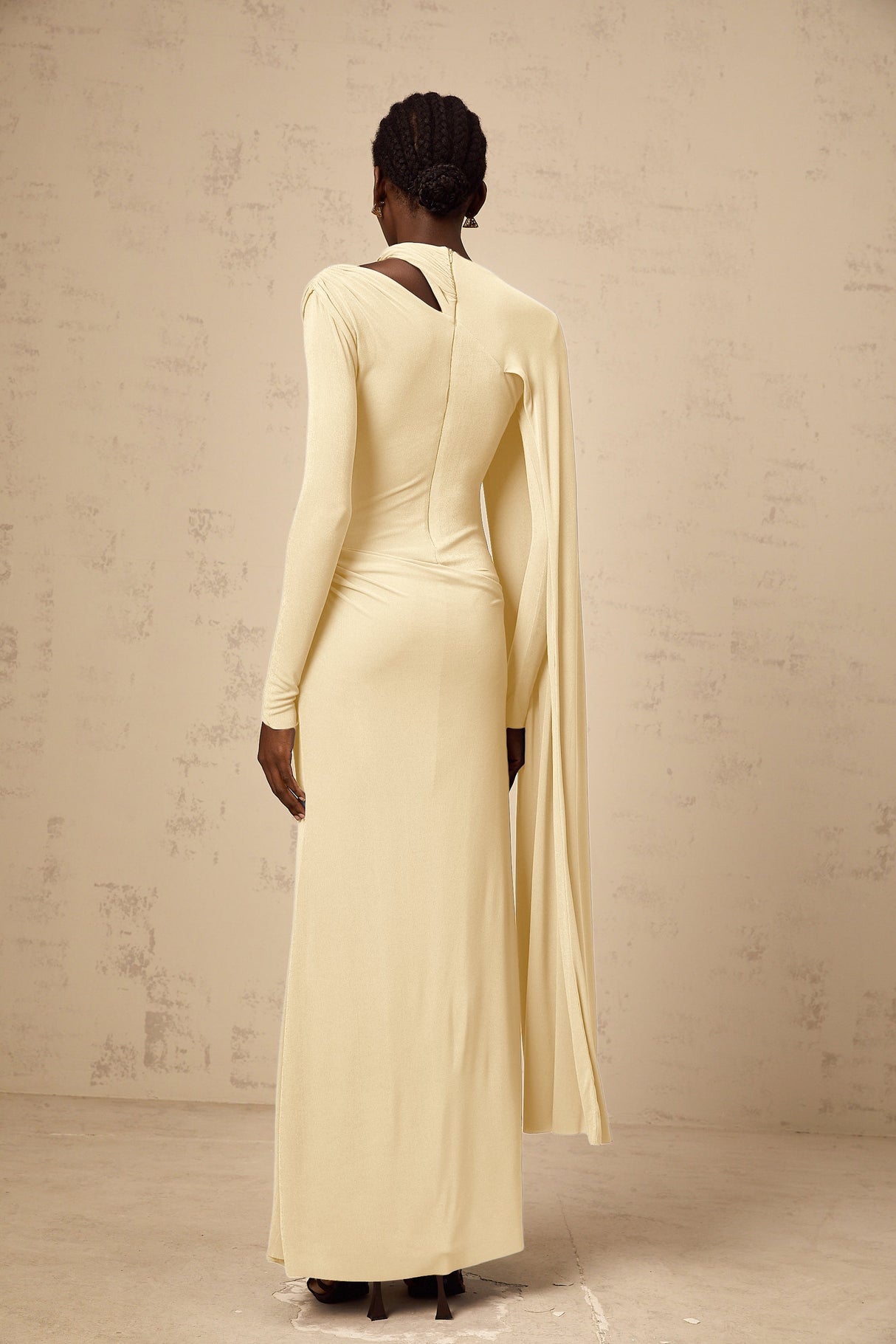 Aurohaya Josette Yellow Diagonal Shawl Fitted Maxi Dress