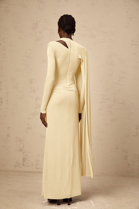 Aurohaya Josette Yellow Diagonal Shawl Fitted Maxi Dress