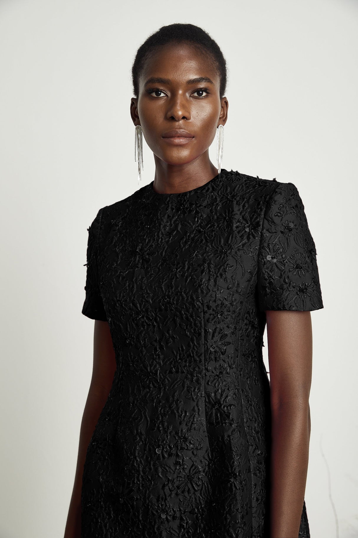 Aurohaya Celestia Floral-Appliqué Embellished Mini Dress in Black