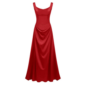 Aurohaya Fiona Red Satin Square Neck Maxi Dress