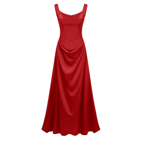Aurohaya Fiona Red Satin Square Neck Maxi Dress