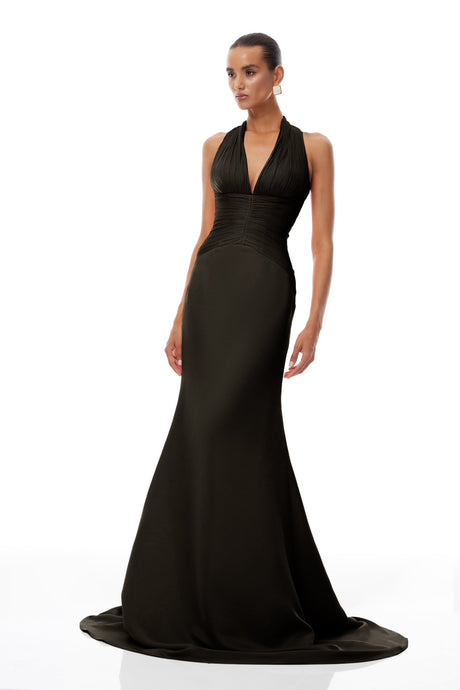 Aurohaya Emmeline Black Train Design Gathered Maxi Dress