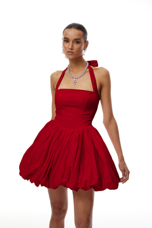 Aurohaya Anaelle Red Shirred Puffball Mini Dress