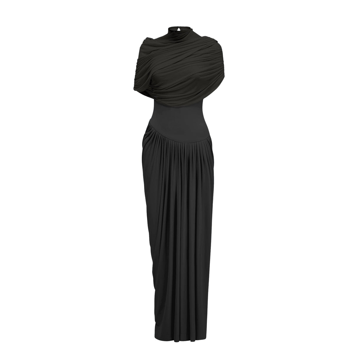Aurohaya Catherine Black Asymmetrical Pleated Maxi Dress