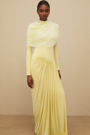Aurohaya Catherine Yellow Asymmetrical Pleated Long-Sleeve Maxi Dress