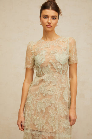 Aurohaya Xaviera mint-green floral-lace midi dress
