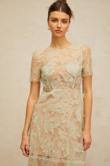 Aurohaya Xaviera mint-green floral-lace midi dress