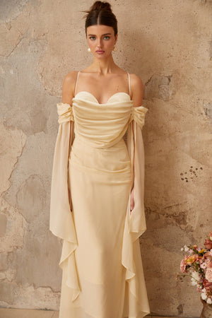 Aurohaya Mélusine Neutral Ruched Chiffon Maxi Dress