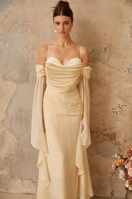 Aurohaya Mélusine Neutral Ruched Chiffon Maxi Dress