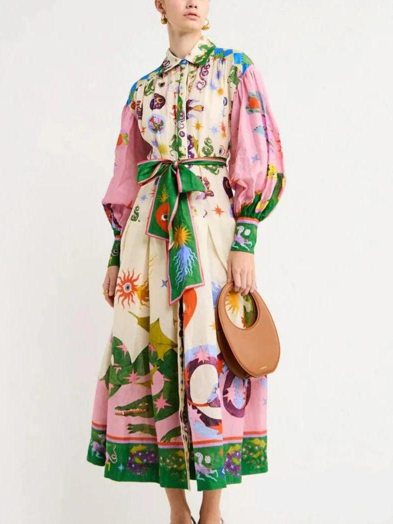 Aurohaya Unique And Beautiful Retro Print Long Sleeve Shirt-Style Midi Dress