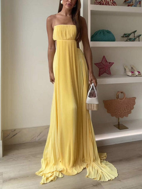 Aurohaya Elegant Pleated Cutout Flowy Party Maxi Dress Yellow