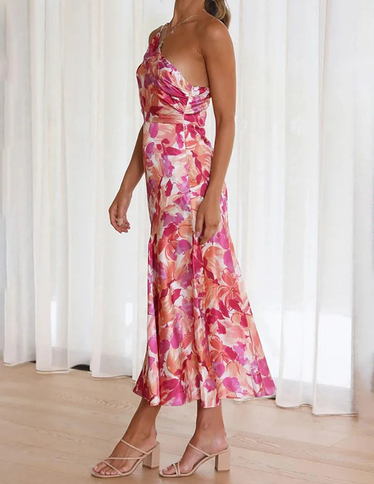 Aurohaya Pink Floral One Shoulder Ruched Satin Dress