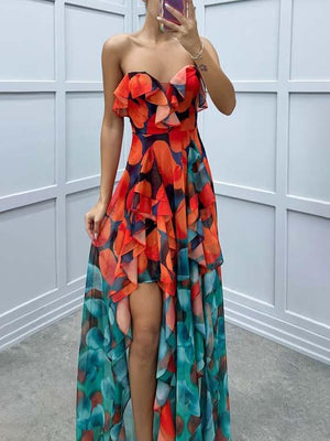 Aurohaya Gradient Print Irregular Ruffle Maxi Dress