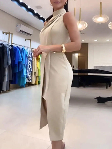 Aurohaya Elegant Stand Collar Fake Two-piece Tie-up Split Mid-length Dress