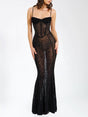 Aurohaya Elegant Leopard Print Mesh See-through Maxi Dress Black