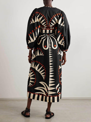 Aurohaya Unique Coconut Jungle Print Puff Sleeve Long Midi Dress
