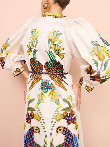 Aurohaya Exquisite And Fun Printed Puff Sleeves Loose Casual Midi Dress