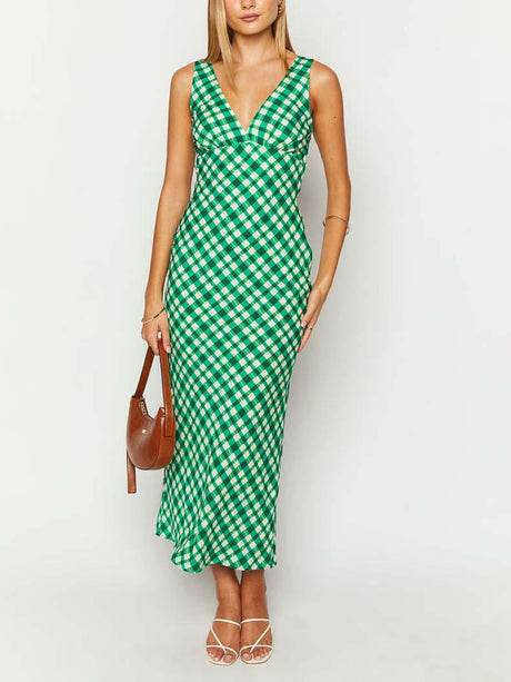 Aurohaya Vintage Green Plaid V-Neck Maxi Dress