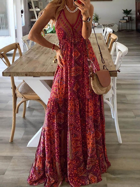 Aurohaya High Waist V-Neck Floral Suspender Maxi Skirt Red