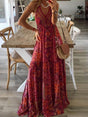 Aurohaya High Waist V-Neck Floral Suspender Maxi Skirt Red