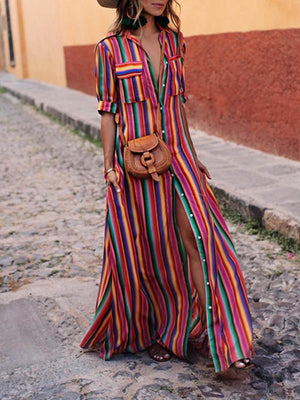 Aurohaya Casual Striped Printed Shirt Maxi Skirt Red