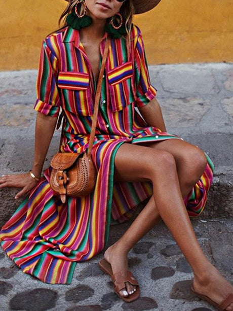 Aurohaya Casual Striped Printed Shirt Maxi Skirt