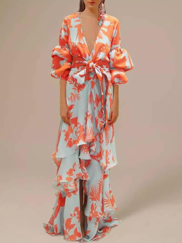 Aurohaya Unique Print Deep V Neck Dress Orange