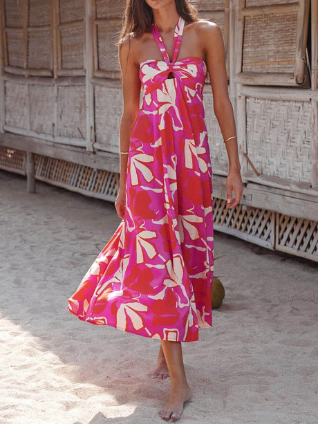 Aurohaya Halterneck Print Berry Lotus Midi dress Red