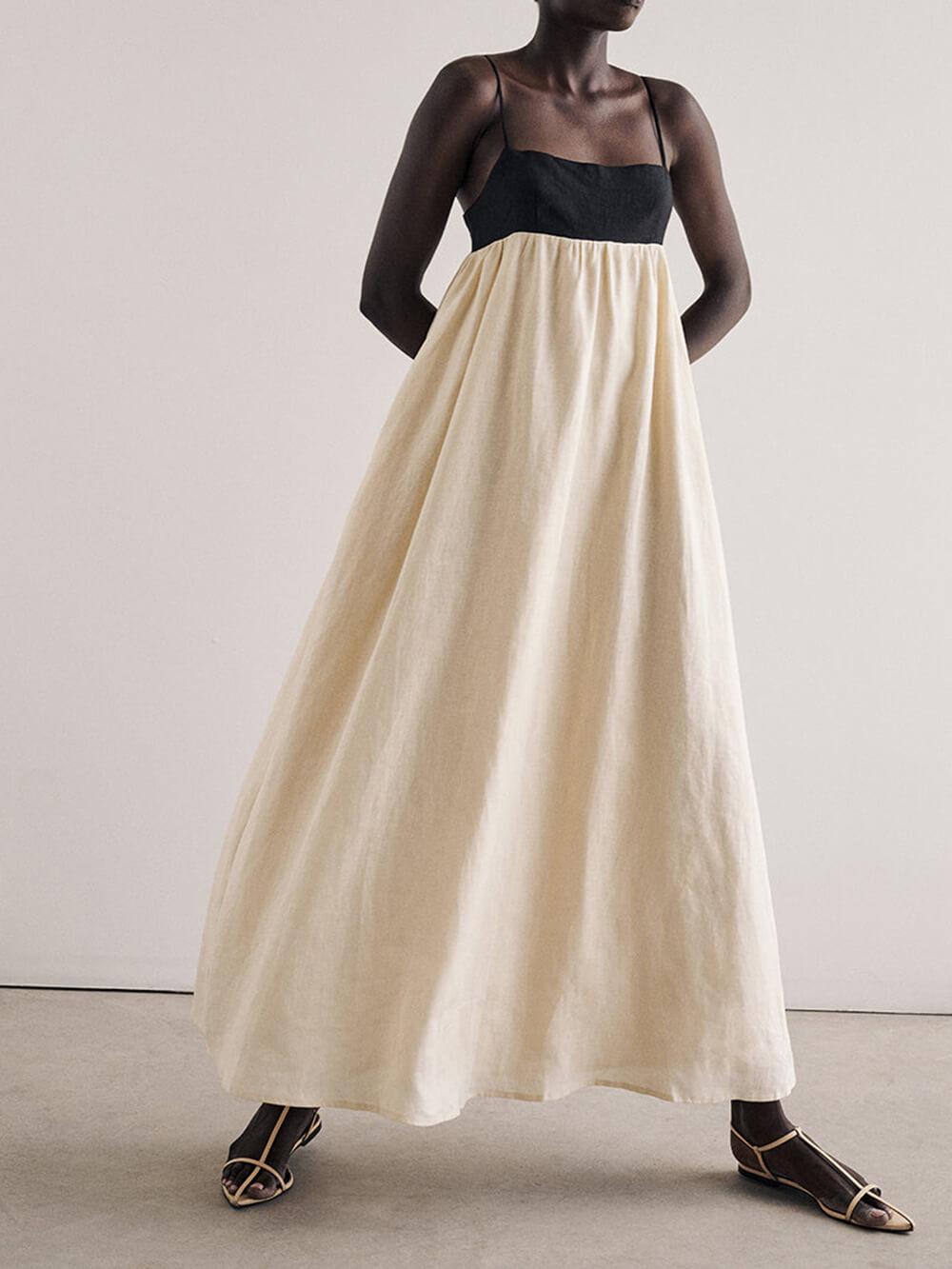 Aurohaya Loose Suspender Black And White Patchwork Maxi Dress