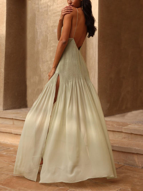 Aurohaya Sunset Unique Pleated Patchwork Slit Maxi Dress