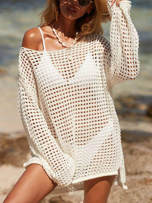 Aurohaya Knitted Cutout Beach Bikini Sun Protection Cover-Up White