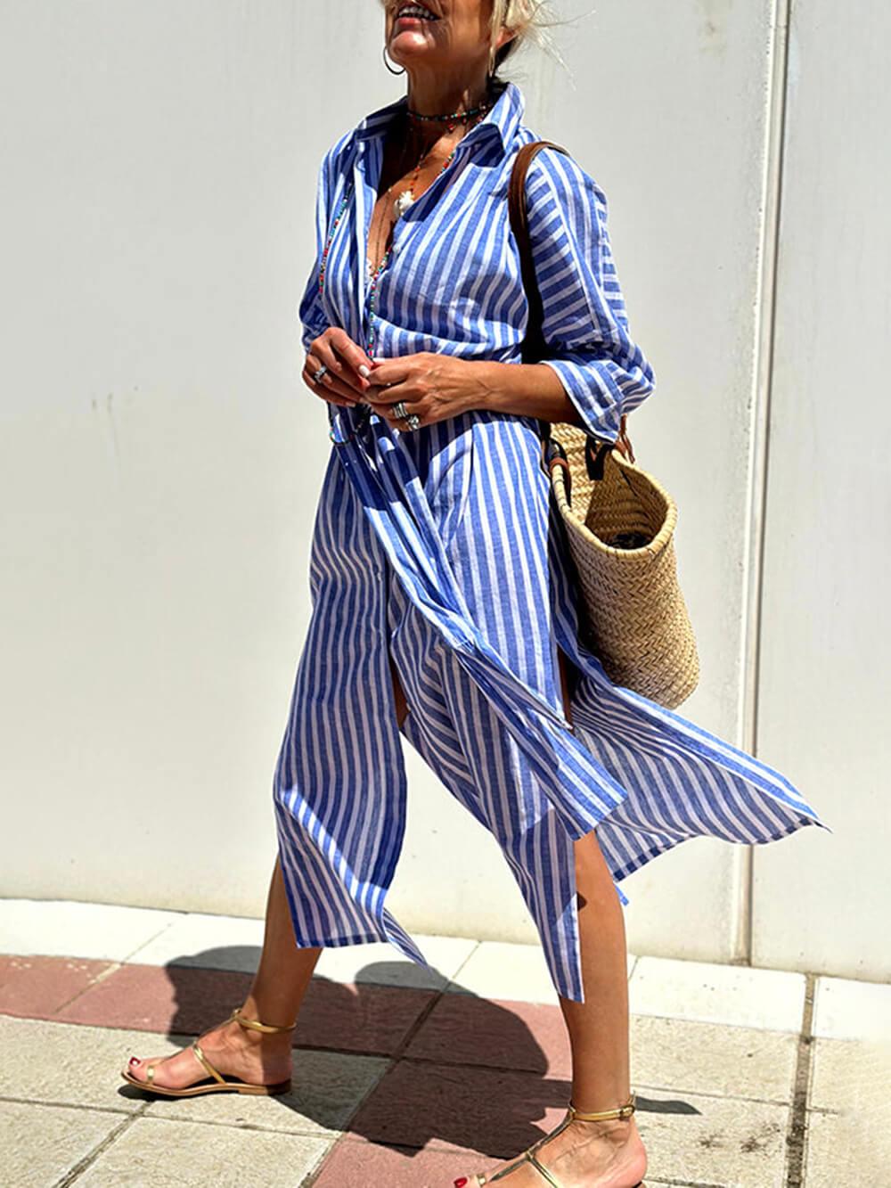 Aurohaya Splendor Stripes Printed Button Half Sleeve Belt Shirt Midi Dress Blue