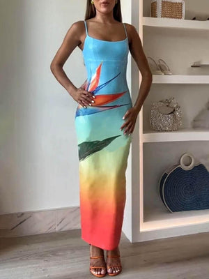 Aurohaya Sequin Unique Floral Gradient Print Slit Stretch Maxi Dress Blue