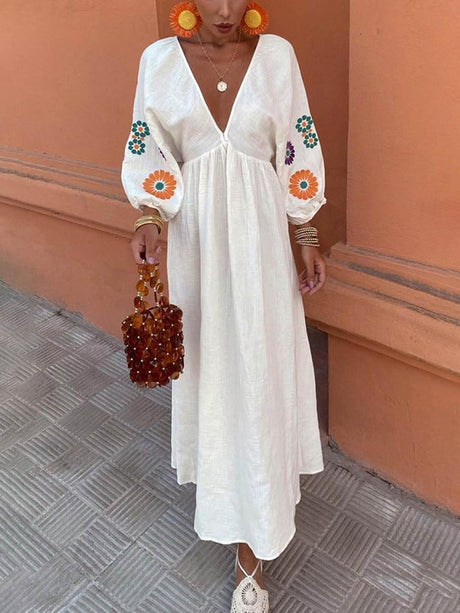 Aurohaya Floral Print V-Neck Lantern Sleeves Backless Maxi Dress White