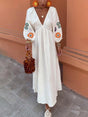 Aurohaya Floral Print V-Neck Lantern Sleeves Backless Maxi Dress White