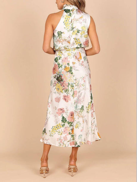 Aurohaya Floral Halter Neck Elastic Waist Maxi Dress